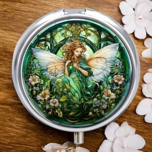 Fairy Elf Pixie Angel Pill Box Medicine Mini Tin Case Mirrored Travel Purse Size - Picture 2 of 8